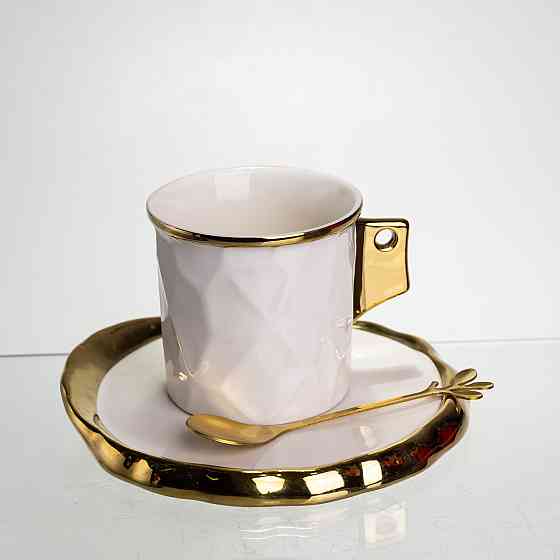 Чашка фарфоровая для кофе 200 (мл) с блюдцем и ложкой,красивая чашка в подарок Белый с золотом FM-1B SBR Киев