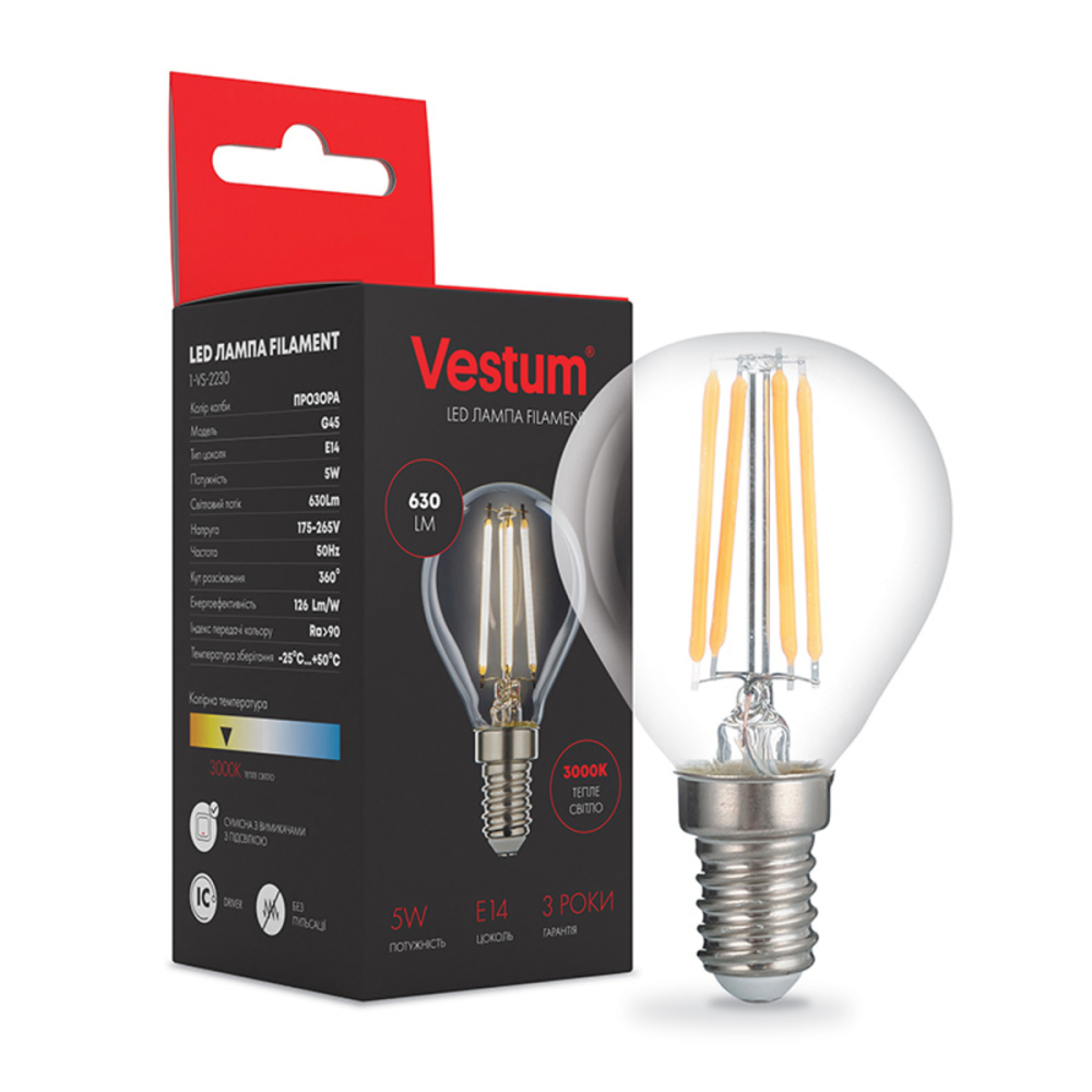 Світлодіодна філаментна лампа Vestum G45 Е14 5Вт 220V 3000К 1-VS-2230 Київ - фото 1