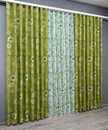 Комплект штор VR-Textil Лен Прованс 150х265 2шт и Тюль 600х265 1726ш-1809т Оливковый с белым 71-106/5 Киев