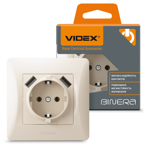 BINERA крем Розетка внутрішня 1-а +2USB із заземленням Videx Житомир