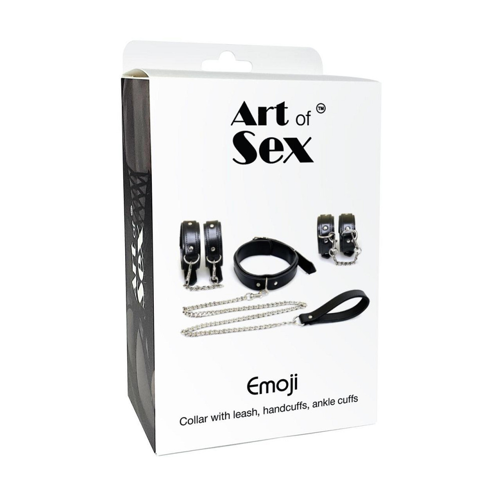 Набір BDSM Art of Sex - Emoji, наручники, поножі, нашийник з повідцем, екошкіра, чорний Sex Aura Київ - фото 5