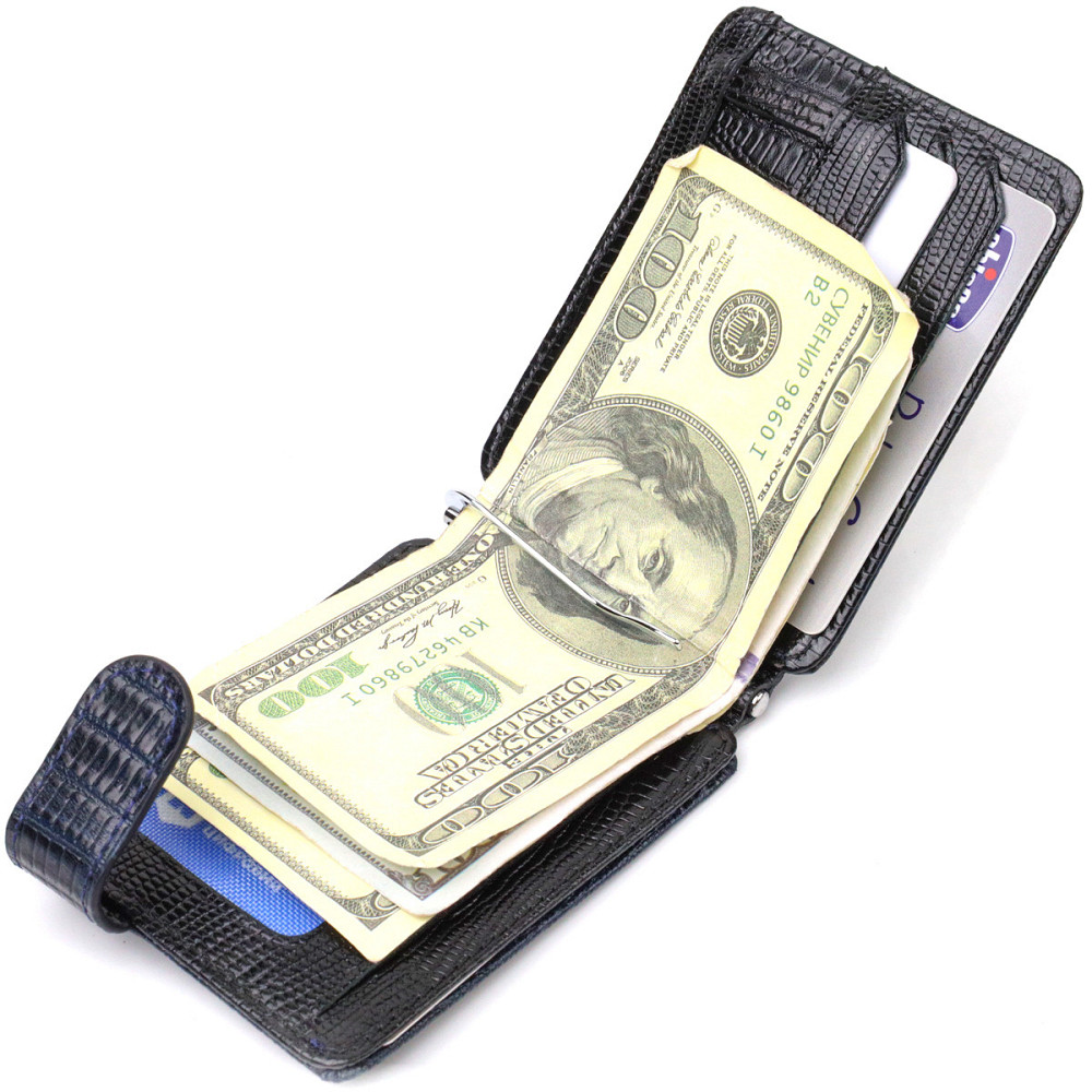 Фактурный мужской зажим для денег из натуральной кожи с тиснением CANPELLINI 21942 Синий Киев - изображение 4