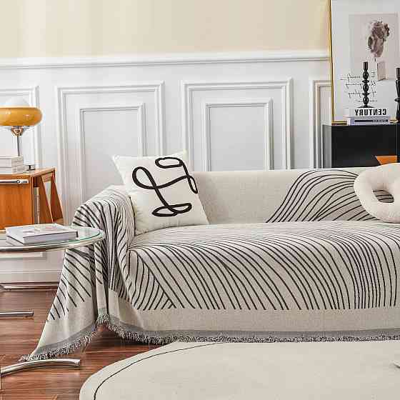 Плед покрывало на диван или кровать,чехол накидка 180х230 см для мягкой мебели, бежевий в серую полосу Каменец-Подольский