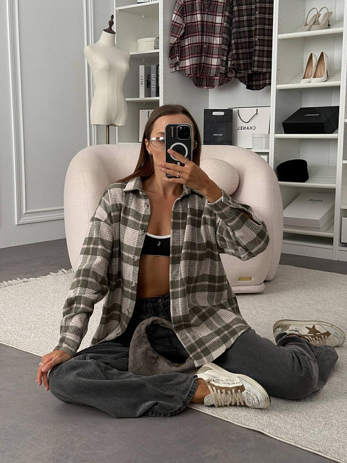 Женская оверсайз рубашка в клетку на пуговицах турецкая фланель-байка 100% хлопок Оливка Одесса - изображение 7