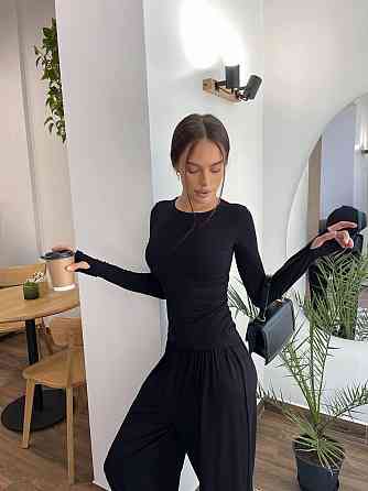 Женский базовый прогулочный костюм двойка: лонгслив и штаны турецкая вискоза Черный, 42/46 Одесса