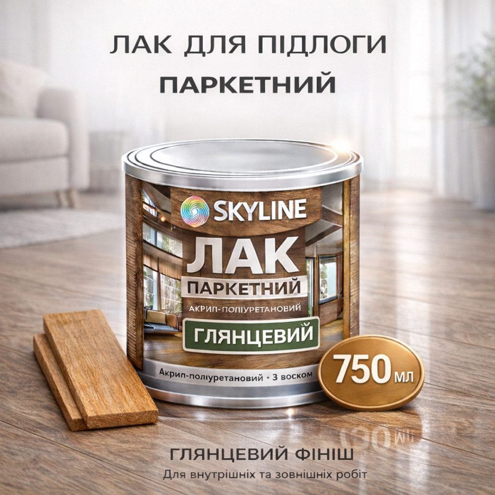 Лак для підлоги глянцевий Skyline паркетний, акрил-поліуретановий, водний, зносостійкий, без запаху, 750 мл Харків - фото 1