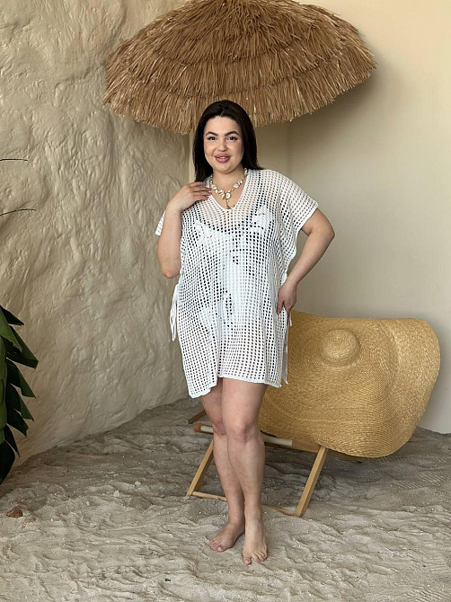 Пляжна туніка жіноча великого розміру накидка на купальник PLUS SIZE ажурна коротка вільного крою біла Одеса - фото 12