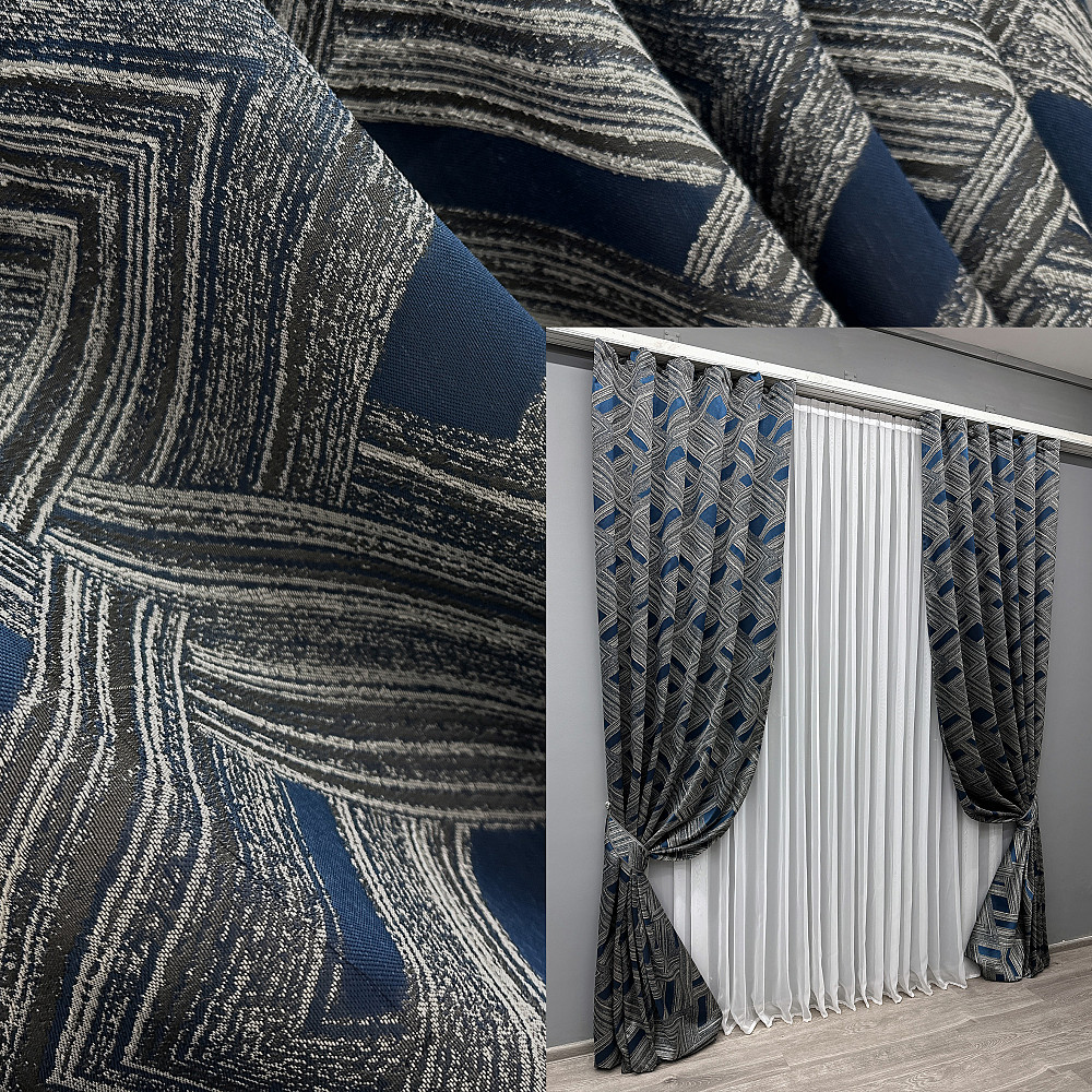 Комплект готовых штор VR-Textil Жаккард Mystery № 1624ш Серый с синим 150х290 см 2 шт (33-0533) Киев - изображение 1