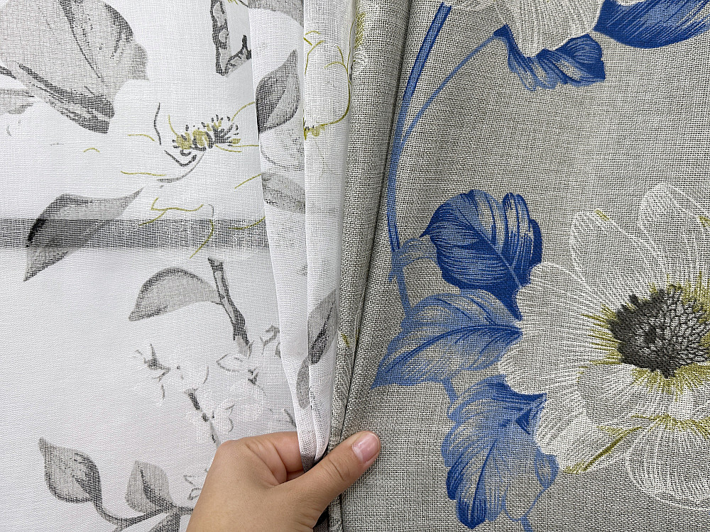 Комплект штор VR-Textil Лен Прованс 100х270 2шт и Тюль 400х270 2078ш-1681т Светло-серый с синим и белым 71-207/2 Киев - изображение 8