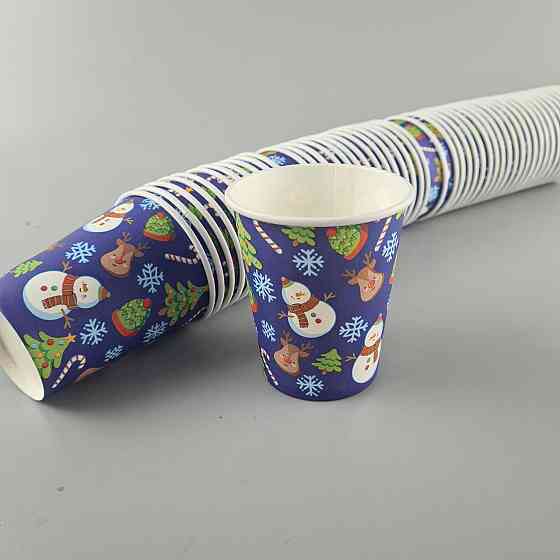 Бумажные стаканы цветные 175мл НГ "СНЕГОВИК НА СИНЕМ"  Маэстро (50 шт) Харьков