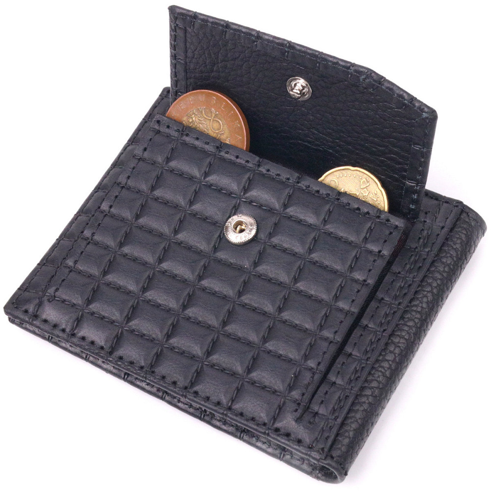 Стеганый мужской зажим с монетницей из натуральной кожи KARYA 21407 Черный Киев - изображение 7