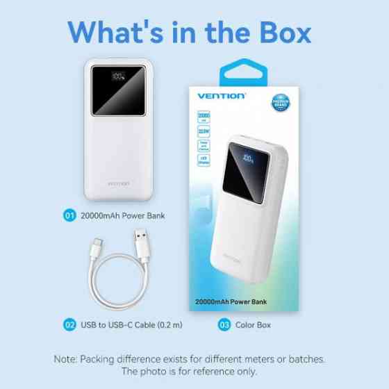 УМБ Vention 20000mAh 22.5W 3A,PD,QC 3.0, Micro-USB,USB-C,2xUSB-A, LED Display White Київ