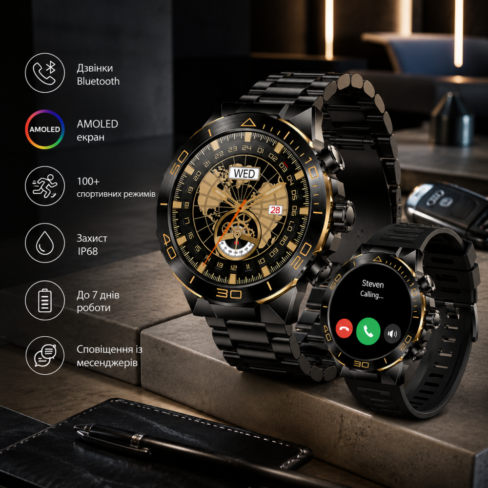 Чоловічий розумний годинник SOUYIE SM-7 Чорний смарт годинник з AMOLED екраном та дзвінками Bluetooth 2 ремінці в комплекті Київ - фото 12