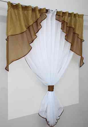 Кухонная занавеска VR-Textil № 114к ламбрекен и тюль белый с коричневым и золотистым 280х170 см (52-0556) Киев