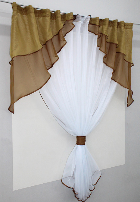 Кухонная занавеска VR-Textil № 114к ламбрекен и тюль белый с коричневым и золотистым 280х170 см (52-0556) Киев - изображение 2