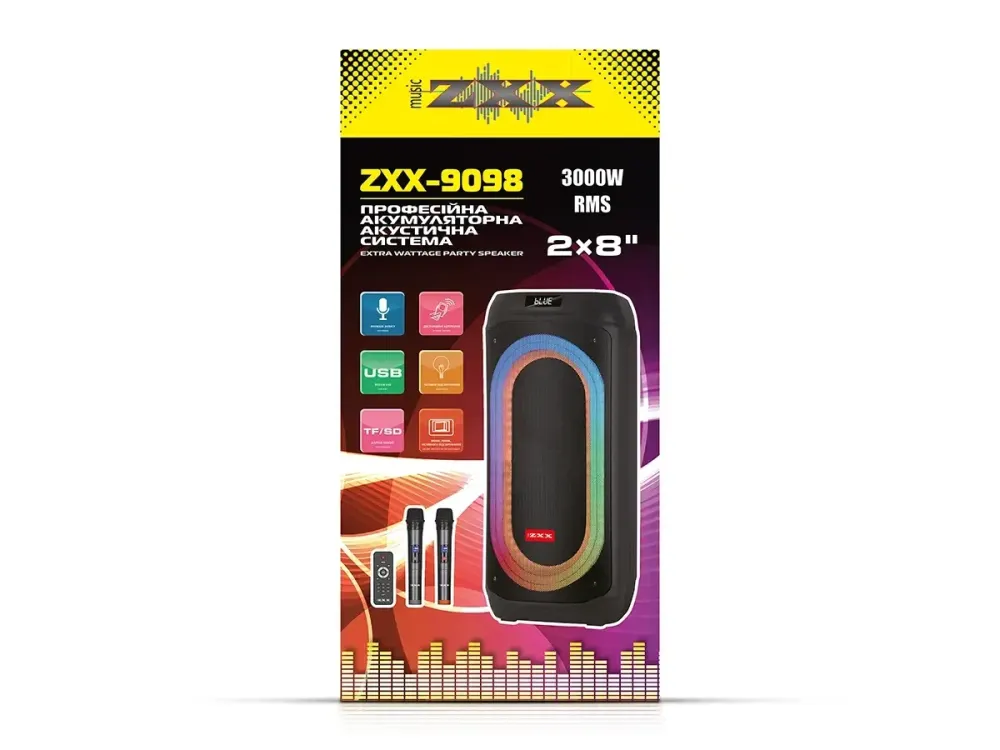 Портативна акустична колонка ZXX-9098 80Вт 2х8" Bluetooth, TWS, LED-підсвічування, 2 мікрофони та пульт ДК Одеса - фото 3