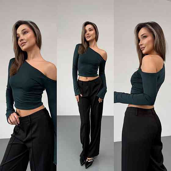 Женский стильный лонгслив с открытым плечом турецкий микродайвинг Изумрудный, 42/44 Одесса