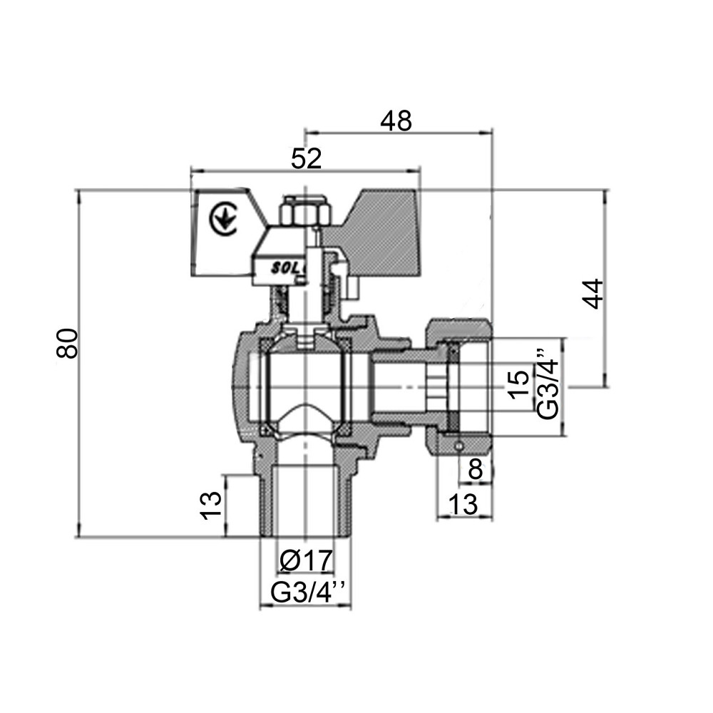 Кран кульовий кутовий з накидною гайкою SOLOMON 3/4″ ЗВ PN40 (V4003-S) Київ - фото 3