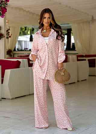 Женский стильный трендовый костюм двойка турецкий лен-штапель Розовый, 46/48 Одесса