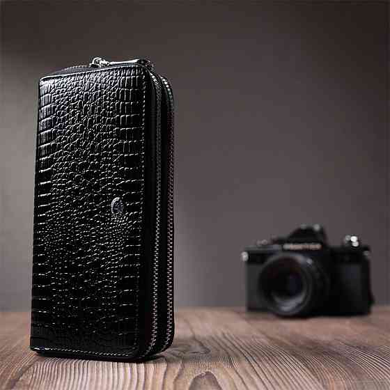 Стильний фактурний клатч на два відділення із лакованої натуральної шкіри ST Leather 22693 Чорний Київ