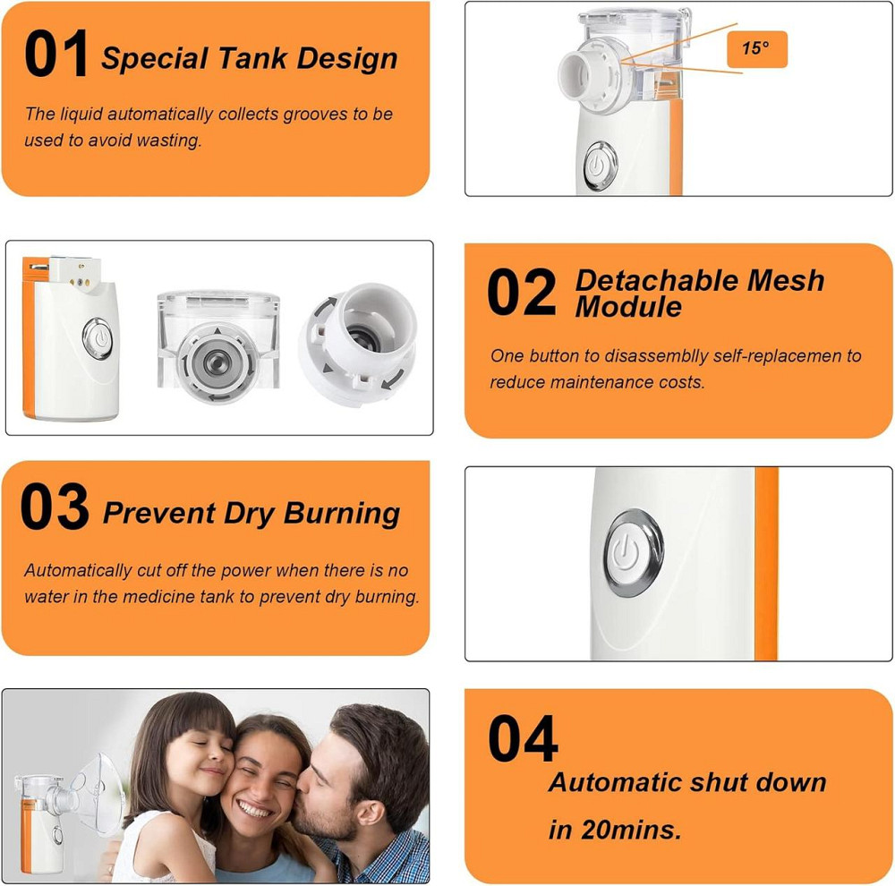 Небулайзер ультразвуковий портативний, аерозольний інгалятор для дітей та дорослих з масками та мундштуком для дому помаранчевий Київ - фото 5