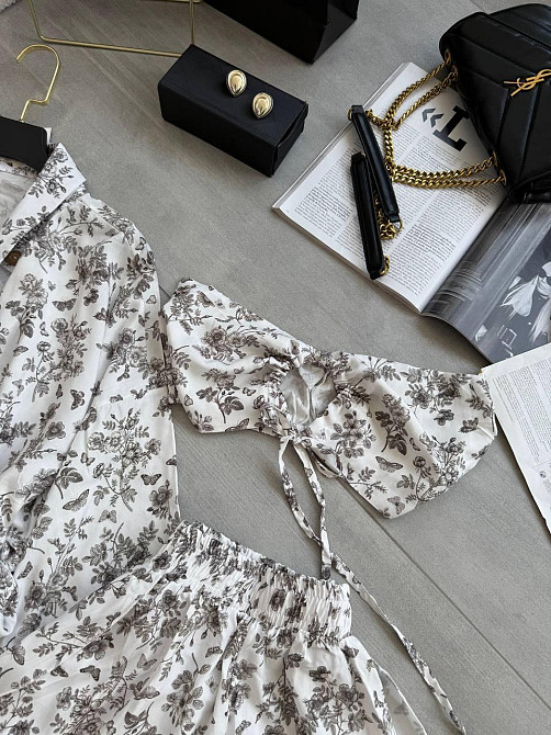 Жіночий літній принтований костюм четверка: хустка, кроп-топ, сорочка та шорти штапель/софт Чорний Одеса - фото 3