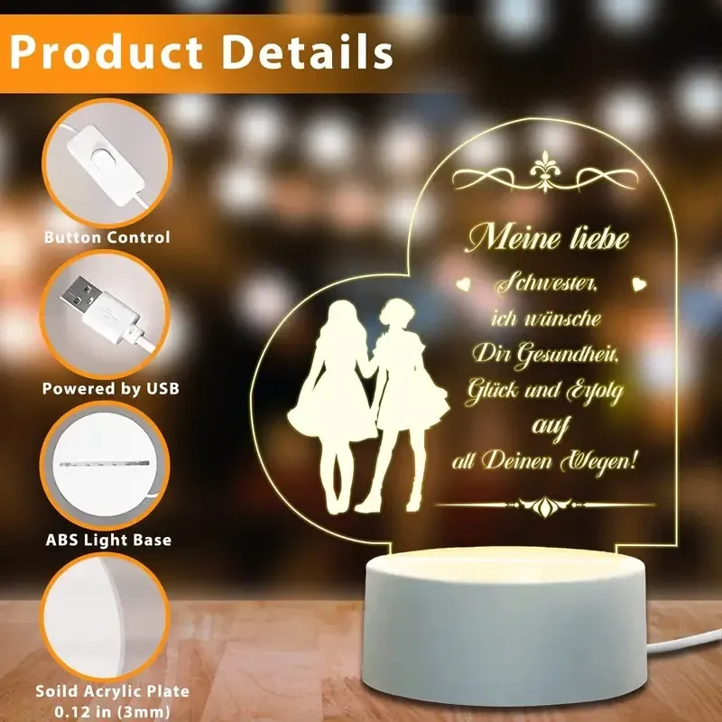 Нічник у формі серця з гравіюванням для сестри LED AIRUEEK, подарунок на день народження, USB 3D лампа Київ - фото 2