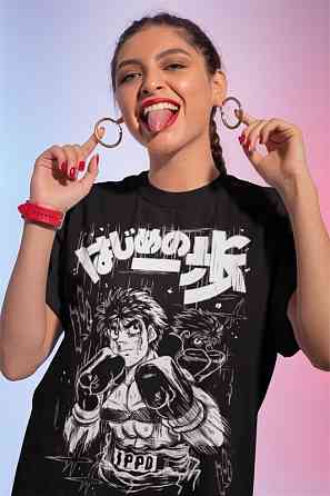 Футболка для хлопчика з аніме принтом Хаджіме Но Іппо Камогава оверсайз (зріст від 165 до 180) Чорний AnimeJ0198m Дніпро