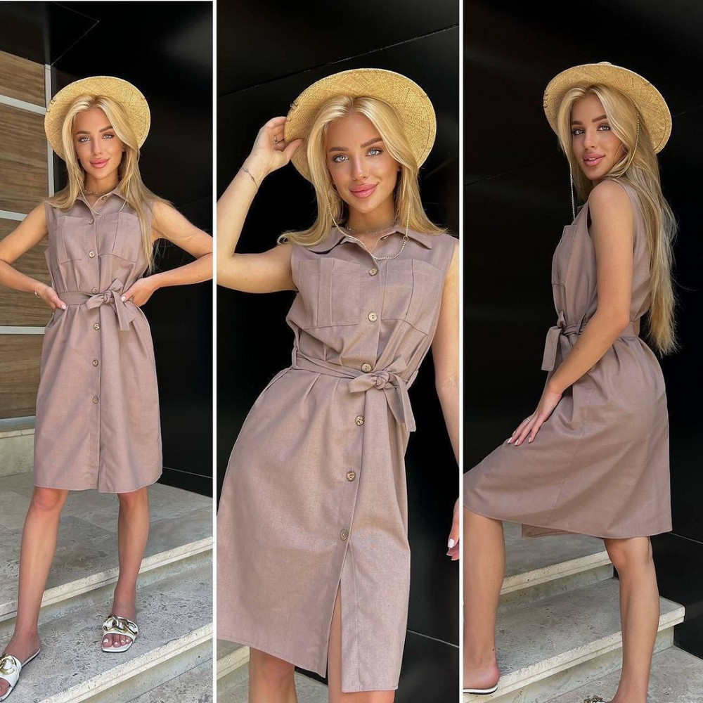 Лляна сукня-сорочка без рукавів "Journey" оптом | Розпродаж моделі Капучіно, 42-44 Київ - фото 2