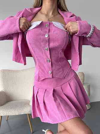 Женский стильный костюм тройка: пиджак, корсет и юбка вельвет Розовый, 44/46 Одесса