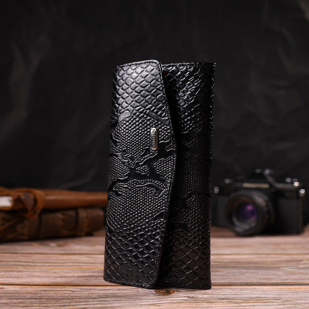 Фактурне жіноче лаковане портмоне з натуральної шкіри з тисненням під змію CANPELLINI 21700 Чорне Київ - фото 8