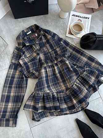 Женский костюм двойка: рубашка и юбка в клетку фланель Синий 2 Одесса