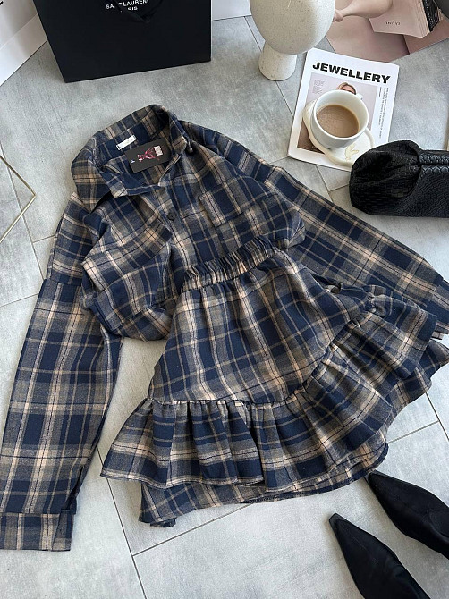 Женский костюм двойка: рубашка и юбка в клетку фланель Синий 2 Одесса - изображение 1