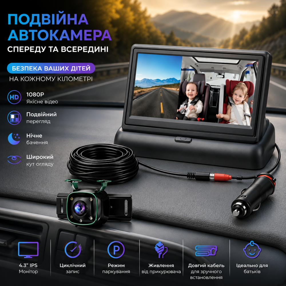 Дитяча автокамера-монітор VONLUXE 4.3" HD з нічним баченням, огляд 160°, поворот 360°, магнітне кріплення, 12V, Black Київ - фото 10