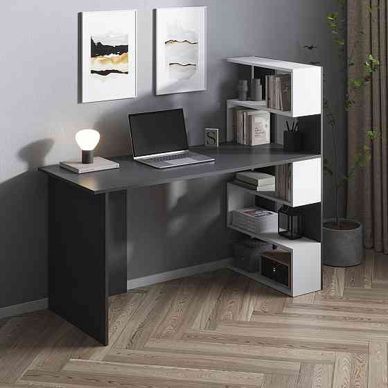 Компьютерный стол VAYS M-15 Антрацит-Белый, письменный с полками справа, ЛДСП, 142×60×123 см – для дома, учебы, офиса Львов