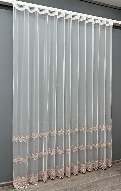 Тюль VR-Textil 1469т Грек-сетка с вышивкой Молочный с пудровым 300х270 см (40-004) Киев - изображение 3