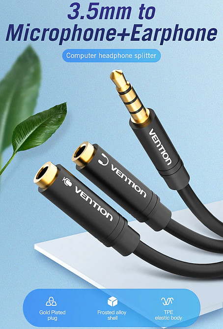Перехідник аудіо Jack 3.5mm TRRS M -> 2X 3.5mm F (мікрофон + навушники) чорний Vention Вінниця - фото 8