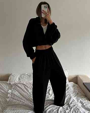 Женский теплый оверсайз костюм двойка: кофта и штаны турецкий полар флис Черный Одесса
