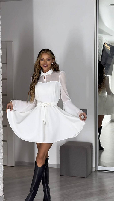 Жіноче ніжне плаття з шифоновими рукавами та воланами костюмка + шифон Молочний, 46/48 Одеса - фото 4