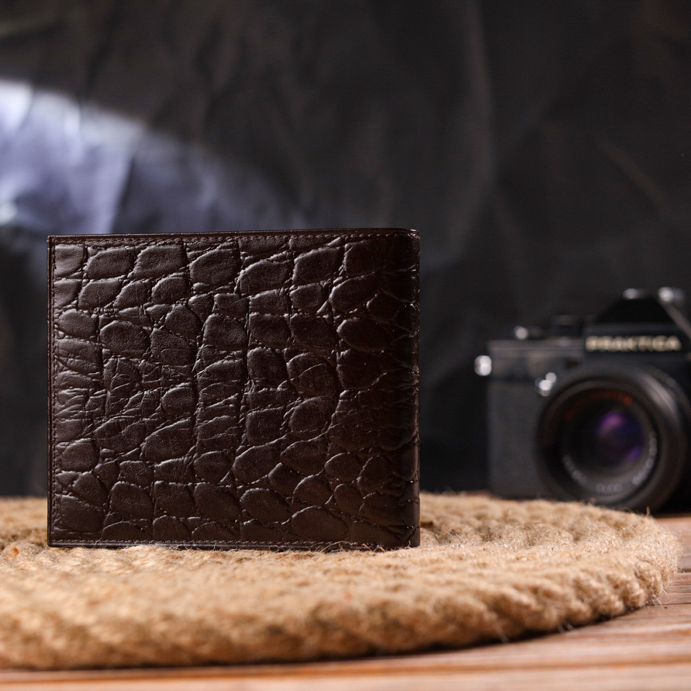 Интересный кошелек для мужчин в два сложения из натуральной фактурной кожи с тиснением под крокодила Коричневый (CANPELLINI) Киев - изображение 3