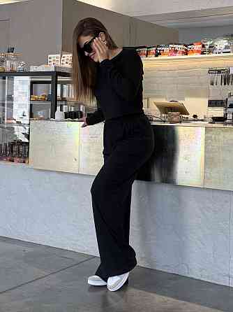 Женский костюм штаны с лонгсливом рубчик Бежевый Черный M/L Харьков