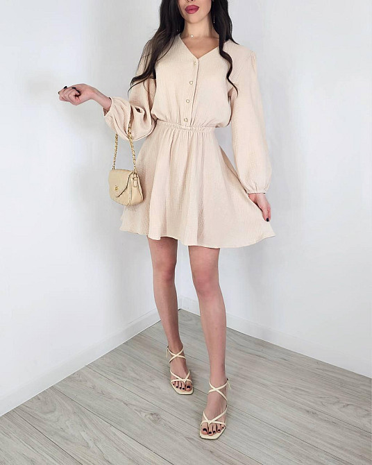 Женское легкое мини платье из натуральной ткани муслин Беж, Oversize 42/46 Одесса - изображение 4