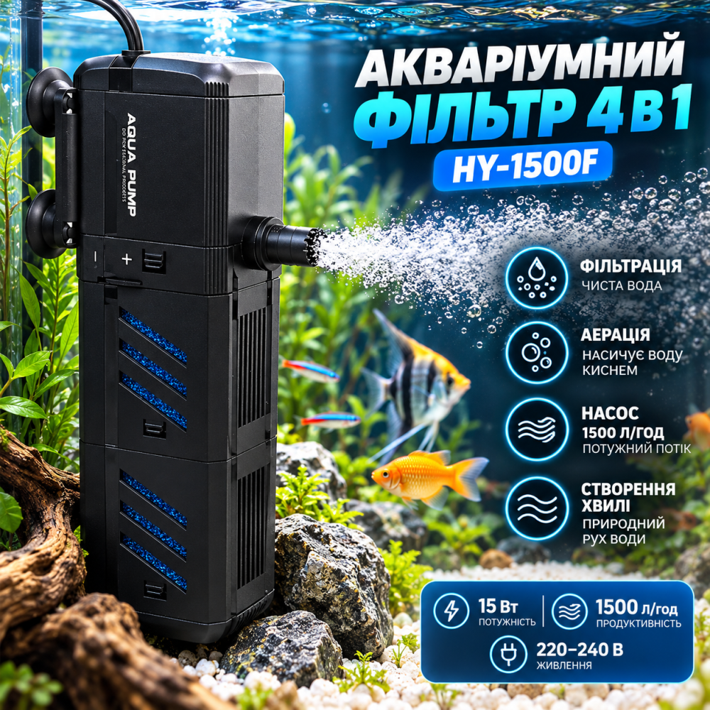 Акваріумний фільтр HY-1500F 4 в 1, 15 Вт, 1500 л/год, внутрішній фільтр з насосом, аерацією та хвилею, 220–240 В Київ - фото 1