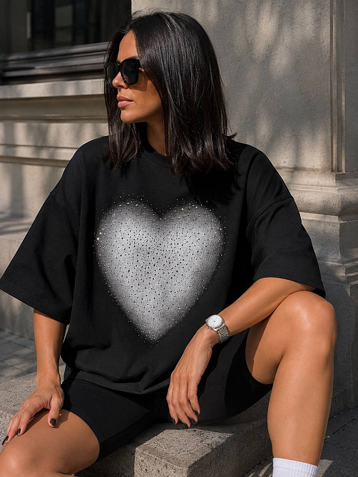 Футболка женская SHENG 6820 супер oversize широкая с большим сердцем из камней one size черная, черный, one size Киев - изображение 18