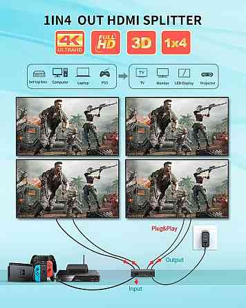 HDMI-разветвитель на 4 порта, сплиттер сигнала для 4 экранов HDCP1.4 4K 1080P для PS5/4 Xbox ПК монитора ТВ Киев