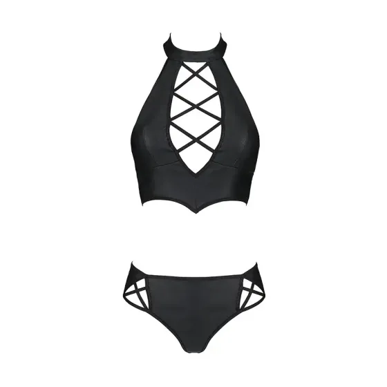 Комплект з еко-шкіри Passion NANACY BIKINI S/M, black, бра та трусики з імітацією шнурівки Львів