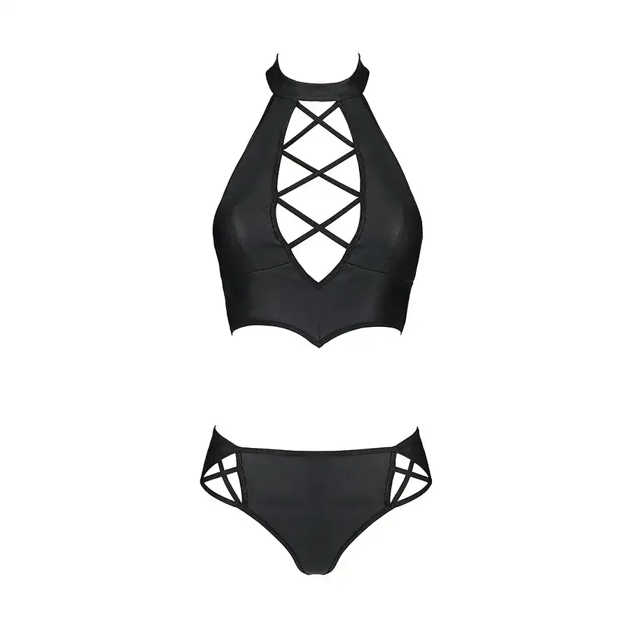 Комплект з еко-шкіри Passion NANACY BIKINI S/M, black, бра та трусики з імітацією шнурівки Львів - фото 5