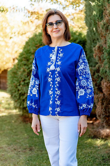 Вишиванка жіноча, лляна, з довгим рукавом, колір електрик, топ 50 Київ - фото 1