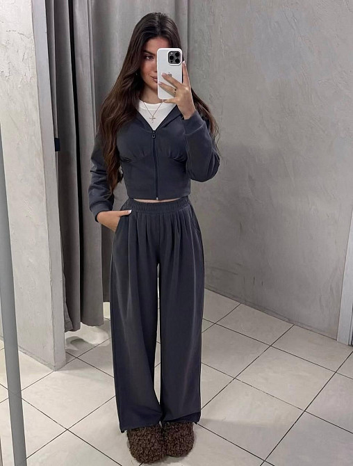 Жіночий стильний повсякденний костюм-двійка  двонитка люкс Графіт, 42/44 Одеса - фото 1