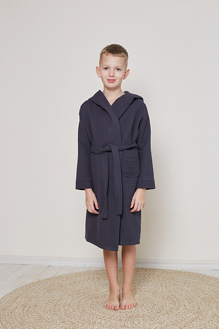 Халат дитячий вафельний Ideal Textile з капюшоном темно-сірий (56860690) 7 р. (116-122 см) Чернівці - фото 1